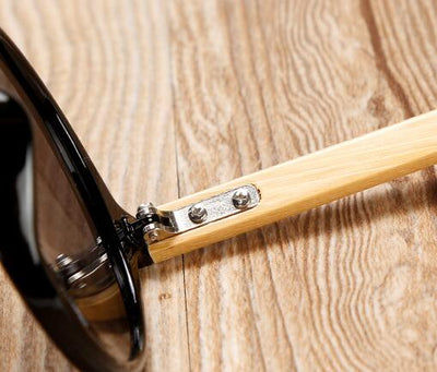 Round black frame sunglasses with gray lenses and light wood bamboo temples, shown from multiple angles. - Image 3