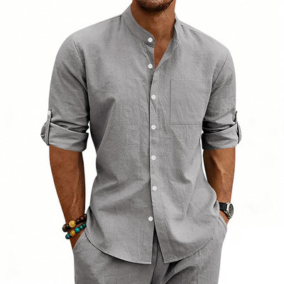 Camisa de Lino Estilo Americano con Cuello Mao y Mangas Medianas para Hombre - Image 35