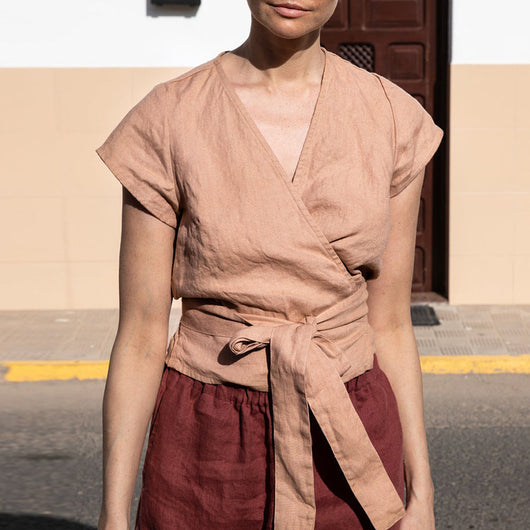 Blusa Lino Algodón con Cuello V y Cordones - Manga Corta para Mujer - Image 3