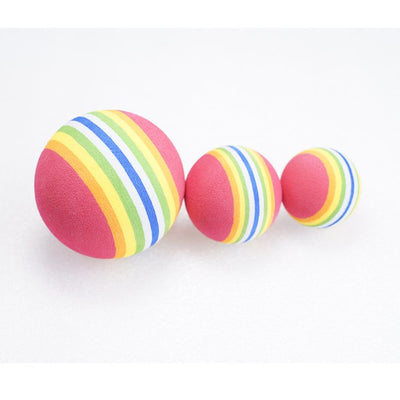 Set of three red pet play balls with rainbow stripes in varying sizes, made from soft EVA material. - Image 9