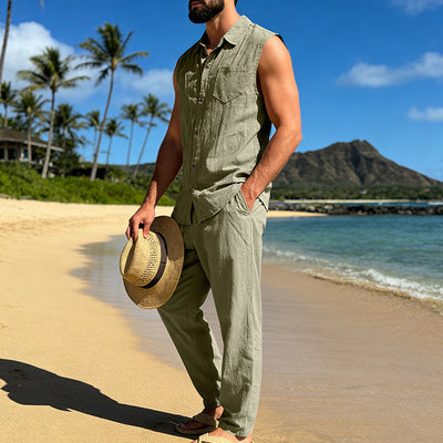 Conjunto de Lino Holgado para Hombre: Camisa sin Mangas y Pantalón Recto - Image 41