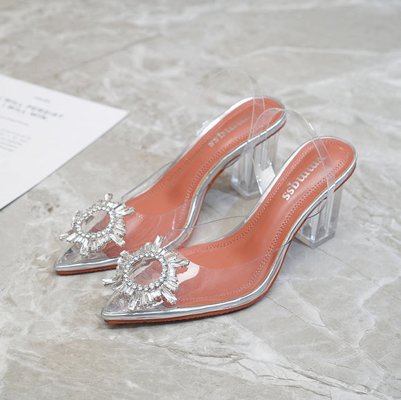 Zapato de Tacón Grueso Cristal con Moño Puntiagudo