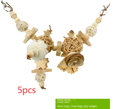 Set of 5 natural wood and rattan bird chewing toys with stars, balls, and flower shapes for parrots. - Image 19