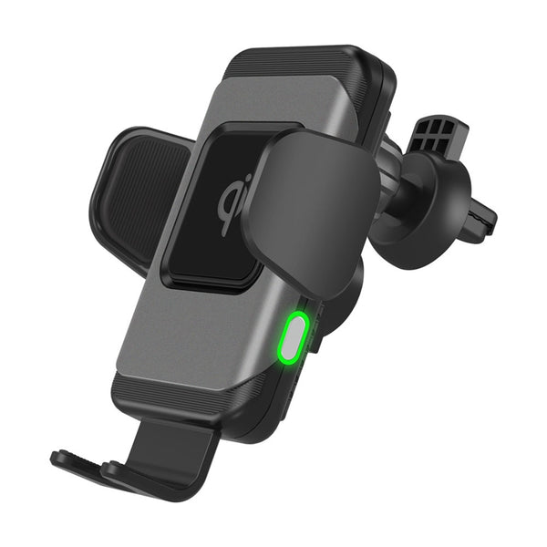 Grey and black 10W fast wireless car charger with automatic clamping arms and a vent mount, featuring a green indicator light.