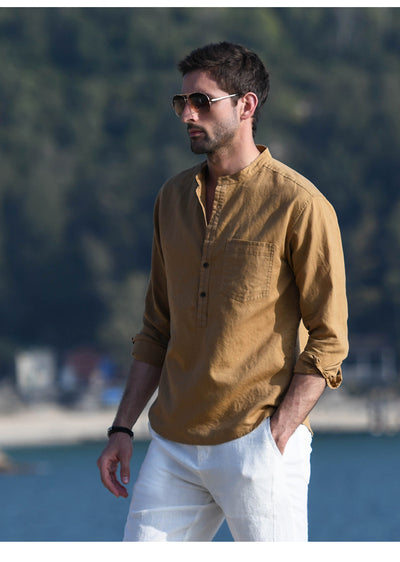 Camisa Casual de Lino y Algodón con Cuello Mao para Hombre - Image 18