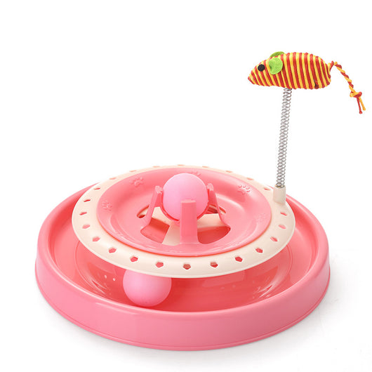 Pink two-tier cat play plate with a rolling ball track and a spring-mounted striped mouse toy. - Image 10