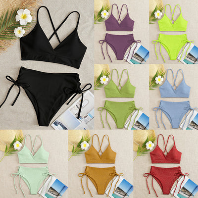 Light green ribbed bikini set with a V-neck bralette top and high-waisted bottoms featuring side tie details. - Image 24