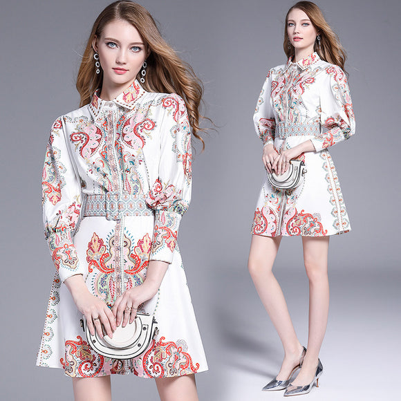 Vestido Elegante Palacio Estampado Manga Farol Ajustado Multiuso