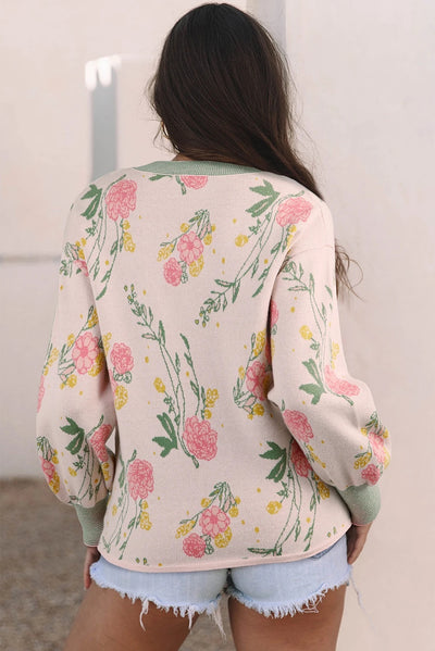 Suéter Holgado con Escote en V, Rayas y Estampado Floral - Image 3