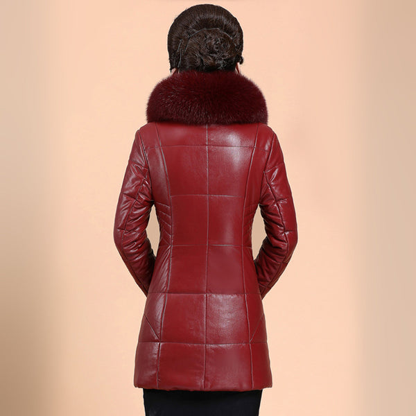 Chaqueta de Cuero Acolchada con Cuello de Piel Sintética para Mujer