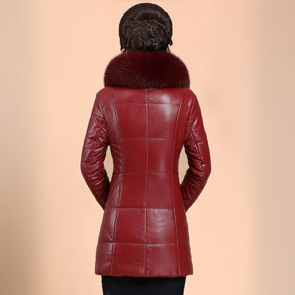 Chaqueta de Cuero Acolchada con Cuello de Piel Sintética para Mujer