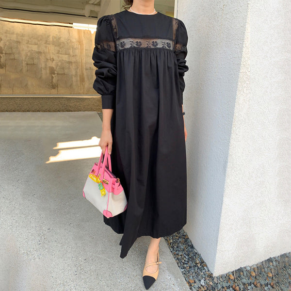 Vestido Suelto de Encaje con Cuello Redondo y Mangas Abullonadas