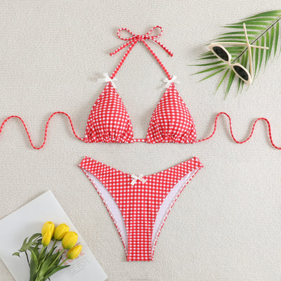 Red and white gingham print bikini swimsuit with a triangle halter top and high-cut bottom, featuring small white bows. - Image 31