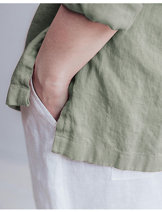 Blusa de Lino Puro Cuello V Manga Larga para Mujer - Image 9
