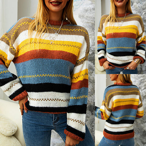 Suéter de Rayas Multicolor para Mujer - Cuello Redondo Manga Larga