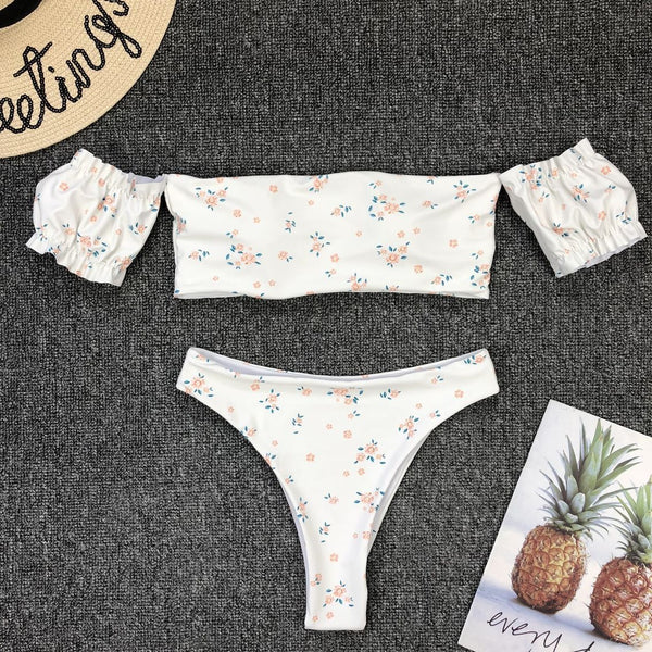 Traje de baño de dos piezas con mangas y estampado para mujer