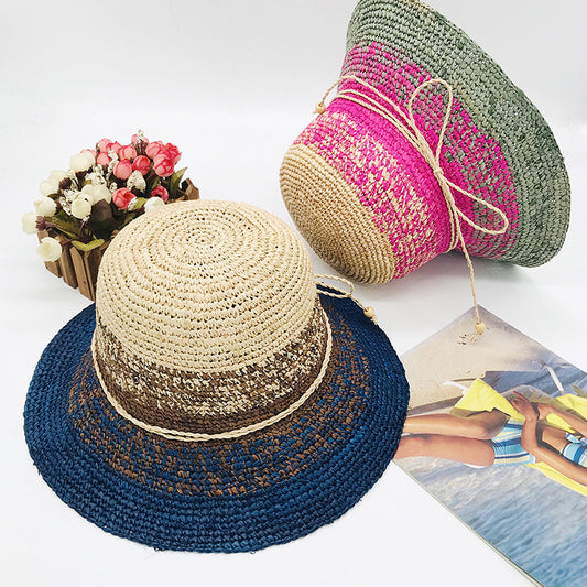 Sombrero de Rafia Tejido con Cúpula Calada y Ala Plana para Mujer