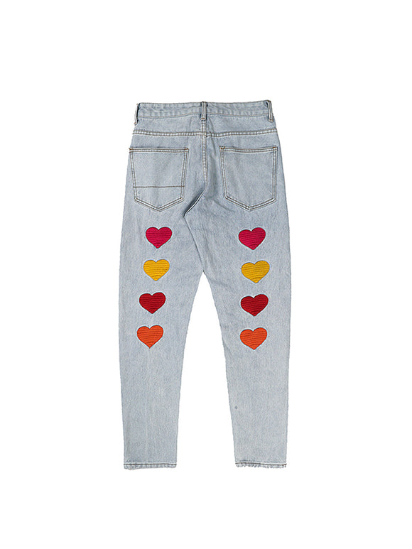 Jeans Rectos Ajustados con Bordado Love