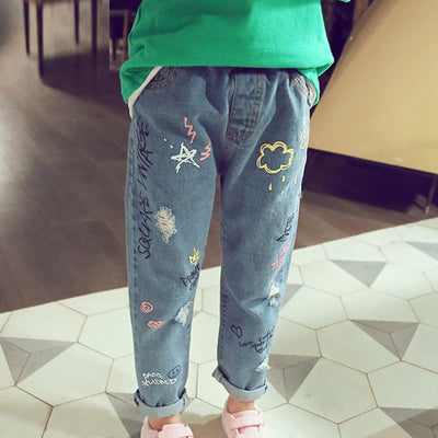 Pantalones Vaqueros Infantiles con Bordado de Gato Lavado Vintage