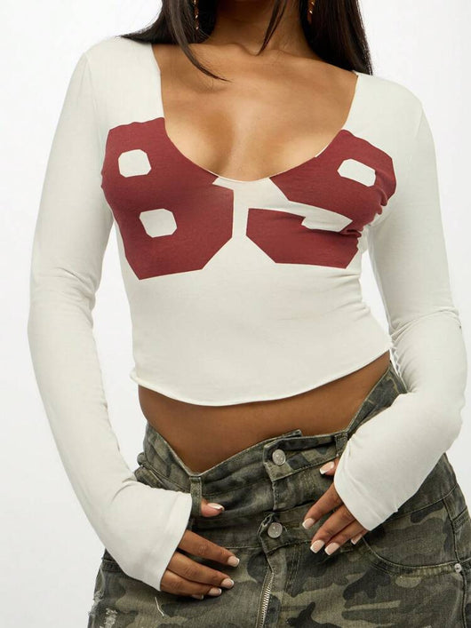 Blusa Estampada Ajustada de Cuello en U y Manga Corta - Image 6
