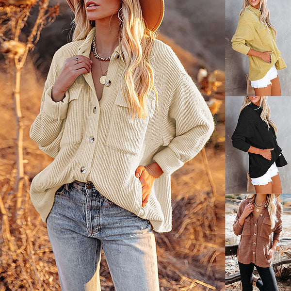 Cardigan Suelto de Pana con Bolsillos y Manga Larga para Mujer