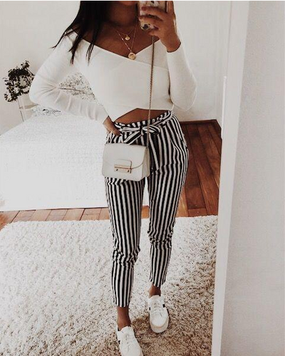 Pantalón Casual a Rayas con Lazo para Mujer - Otoño Invierno - Image 3