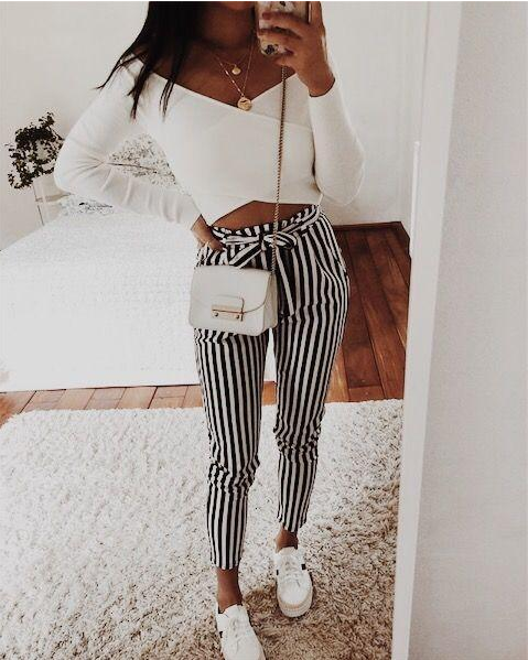 Pantalón Casual a Rayas con Lazo para Mujer - Otoño Invierno - Image 3