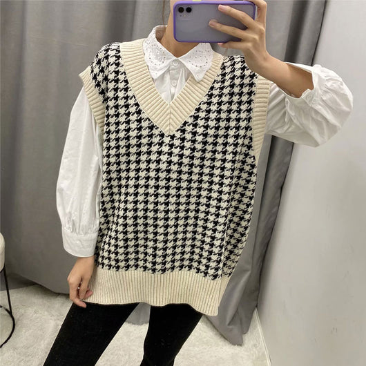 Chaleco Tejido Houndstooth Suelto para Mujer - Image 2