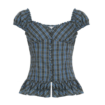 Camisa Cuadriculada Retro Francesa con Cuello Cuadrado Antiedad para Mujer - Image 5