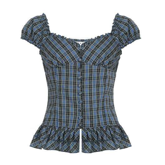 Camisa Cuadriculada Retro Francesa con Cuello Cuadrado Antiedad para Mujer - Image 5