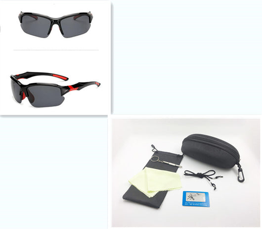 Black sports sunglasses with blue polarized lenses, shown from a front view and a three-quarter side view. - Image 26