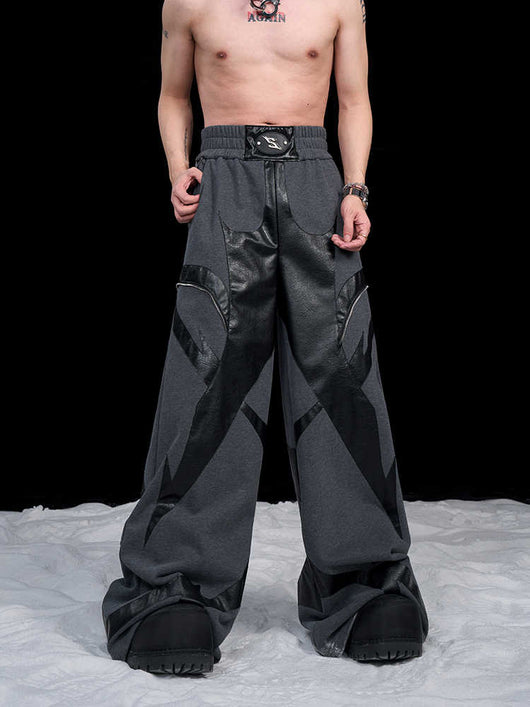 Pantalones Deportivos de Cuero Patchwork para Hombre - Corte Recto Oversize con Logo - Image 15