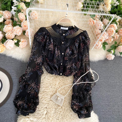 Blusa Floral Estilo Occidental con Mangas Abullonadas y Malla Transparente - Image 13