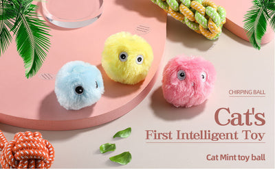 Three plush interactive cat toy balls in blue, yellow, and pink, each with cartoon eyes, shown with a size measurement. - Image 14