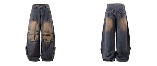 Pantalones Cargo Vintage Desgastados Multi-bolsillos Pierna Ancha Suelta - Image 8