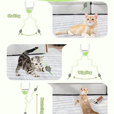 Automatic interactive cat toy with a white and blue door hanger, retractable string, and grey mouse lure. - Image 3