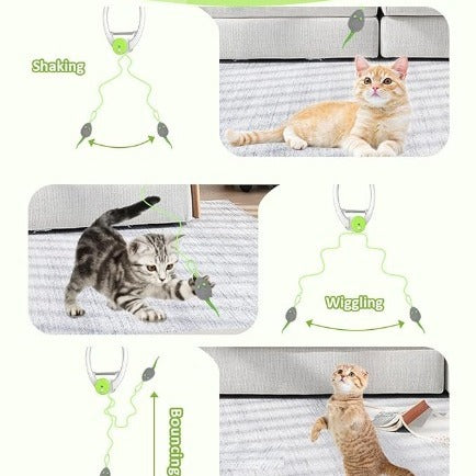 Automatic interactive cat toy with a white and blue door hanger, retractable string, and grey mouse lure. - Image 3