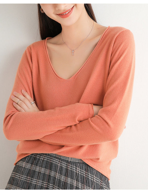 Suéter Suelto Cuello V Mujer Manga Larga Color Sólido