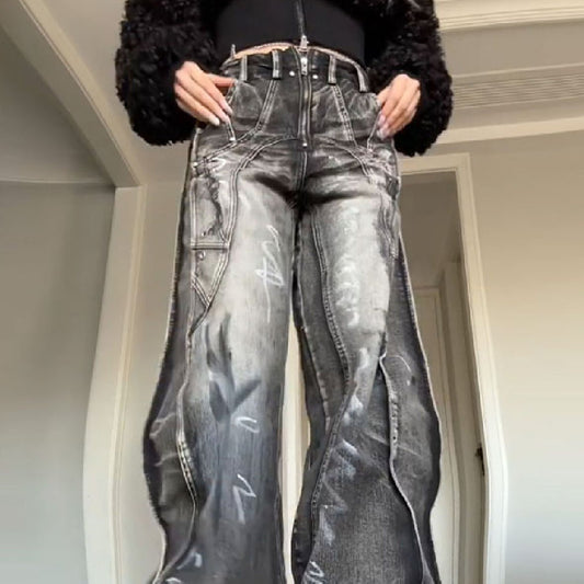 Jeans Talla Grande Estilo Americano con Diseño Graffiti Lavado para Mujer