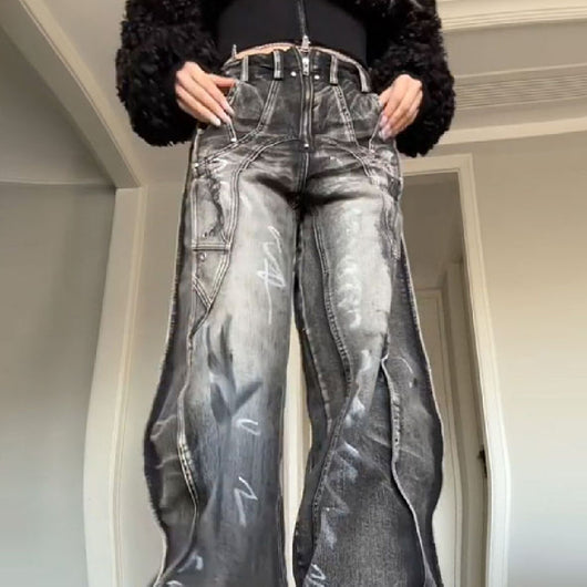 Jeans Talla Grande Estilo Americano con Diseño Graffiti Lavado para Mujer