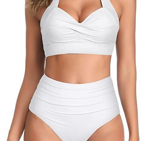 Bright yellow two-piece bikini with a halter neck top featuring a twisted bow and high-waisted ruched bottoms. - Image 5