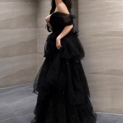 Vestido de Noche Negro Lujo Minoritario Estilo Francés con Falda Tutú - Image 6