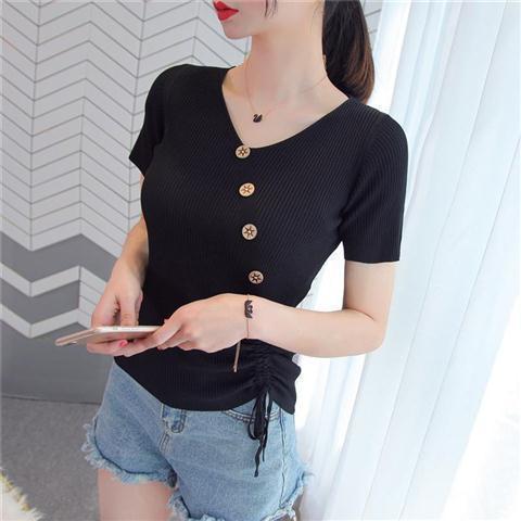 Camiseta Cuello V Ice Silk Manga Corta para Mujer