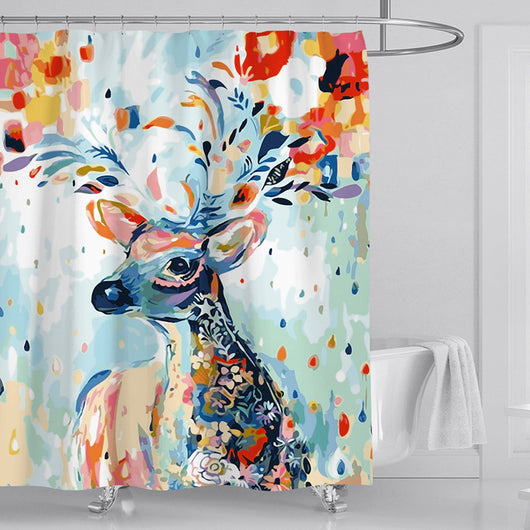Colorful abstract deer shower curtain with floral antlers in shades of blue, orange, red, and yellow. - Image 8