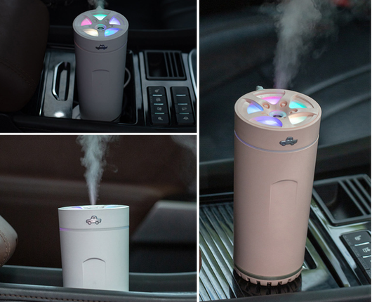 Gray cylindrical USB aromatherapy humidifier with a silver band and car icon on top, designed for car use. - Image 16