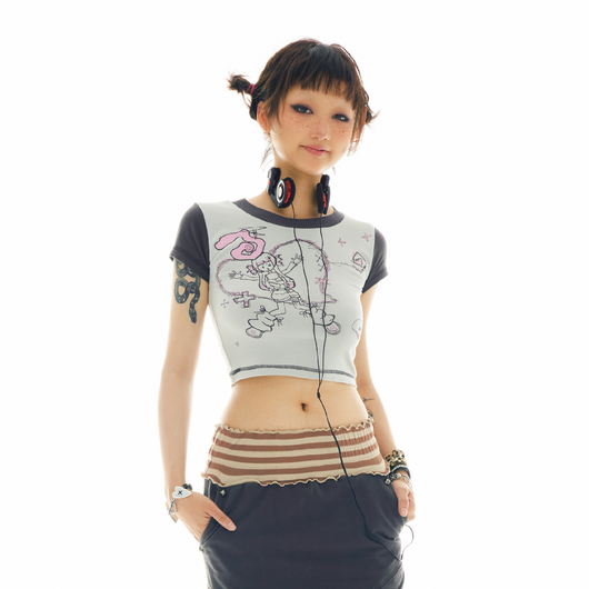 Camiseta Gris Claro para Niña con Estampado Pintado a Mano