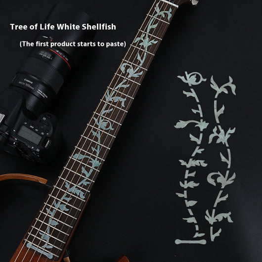 Blue cloud-shaped inlay stickers for guitar fingerboards, shown on a guitar neck and as a full sheet. - Image 9