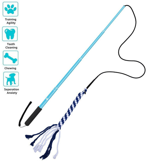 Black telescopic pet training rod with a black cord and two interchangeable braided fabric attachments in green/yellow and blue. - Image 9