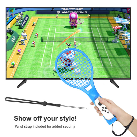 Two black tennis racket controllers for Nintendo Switch, one with a blue Joy-Con and one with a red Joy-Con, both with wrist straps. - Image 10