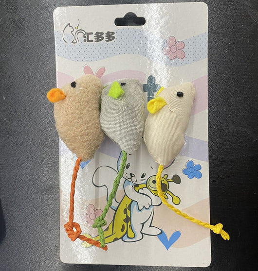 Three plush catnip mouse toys in beige, light gray, and cream, with colorful string tails, on a cartoon-illustrated cardboard backing. - Image 6